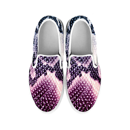 Purple And Blue Snakeskin Print White Slip On Shoes