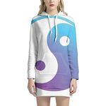 Purple And Blue Yin Yang Print Pullover Hoodie Dress