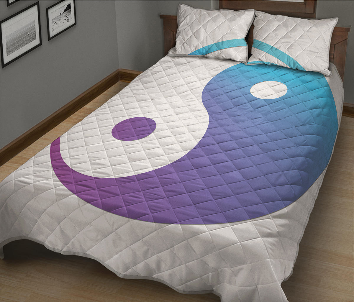 Purple And Blue Yin Yang Print Quilt Bed Set