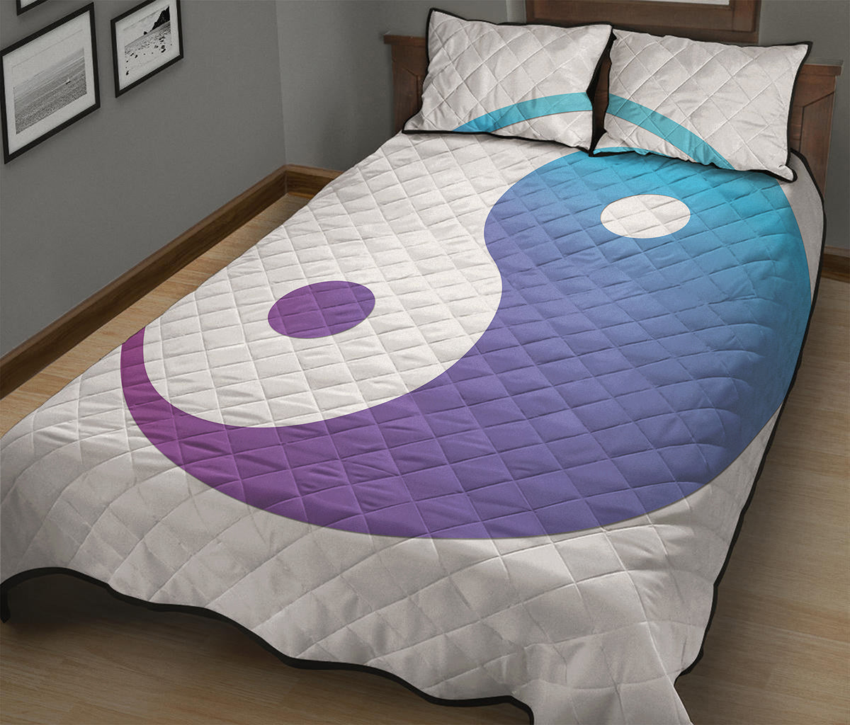 Purple And Blue Yin Yang Print Quilt Bed Set