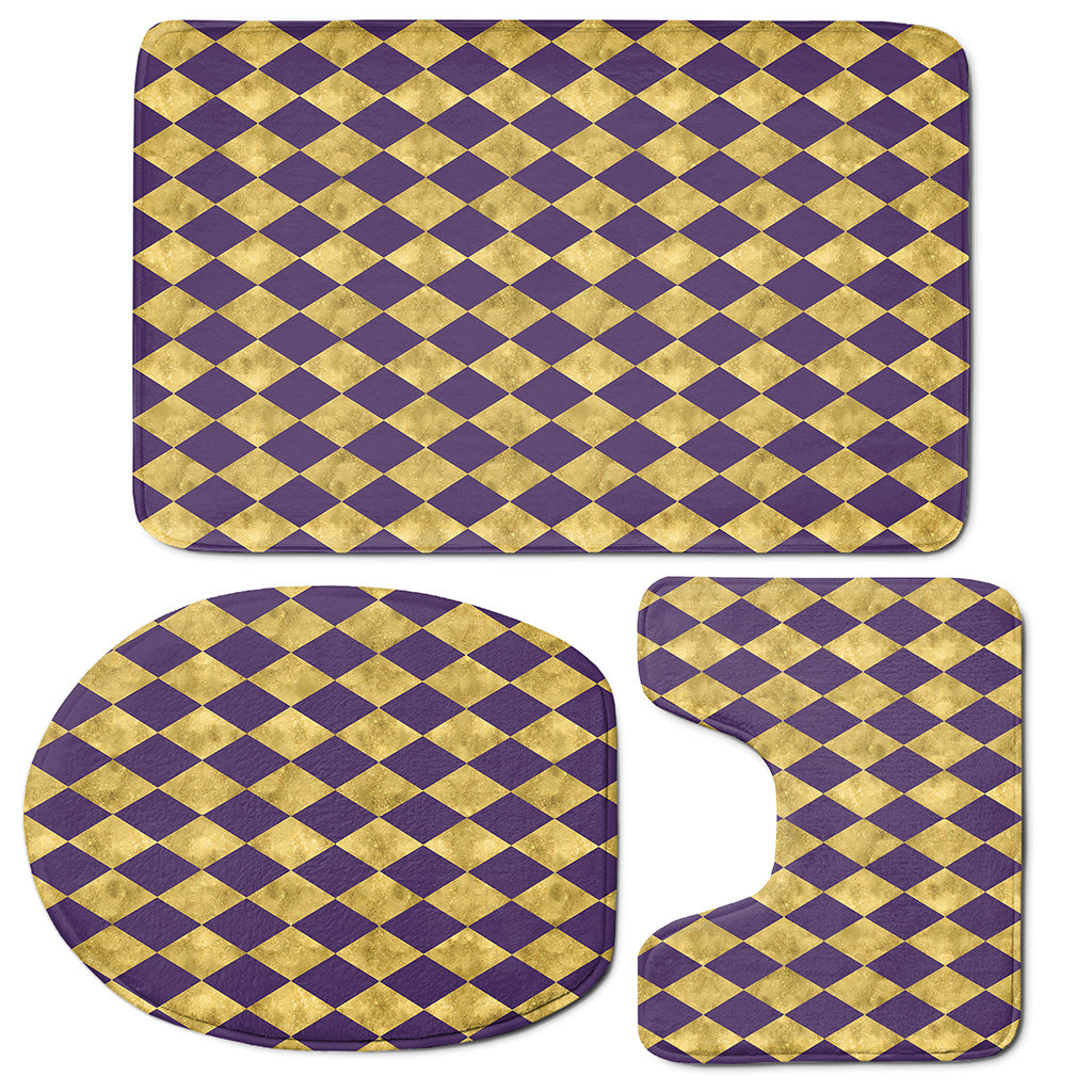 Purple And Gold Harlequin Pattern Print 3 Piece Bath Mat Set
