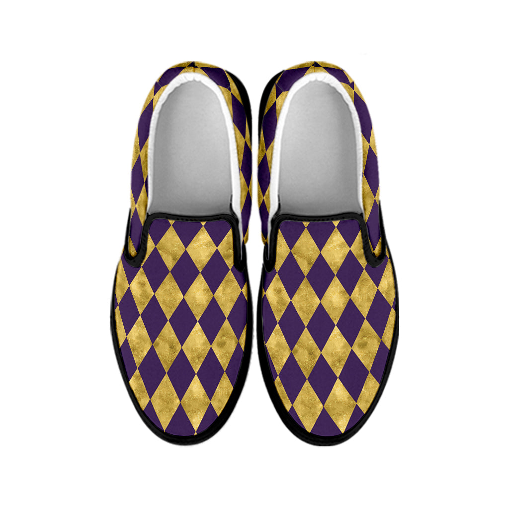 Purple And Gold Harlequin Pattern Print Black Slip On Shoes