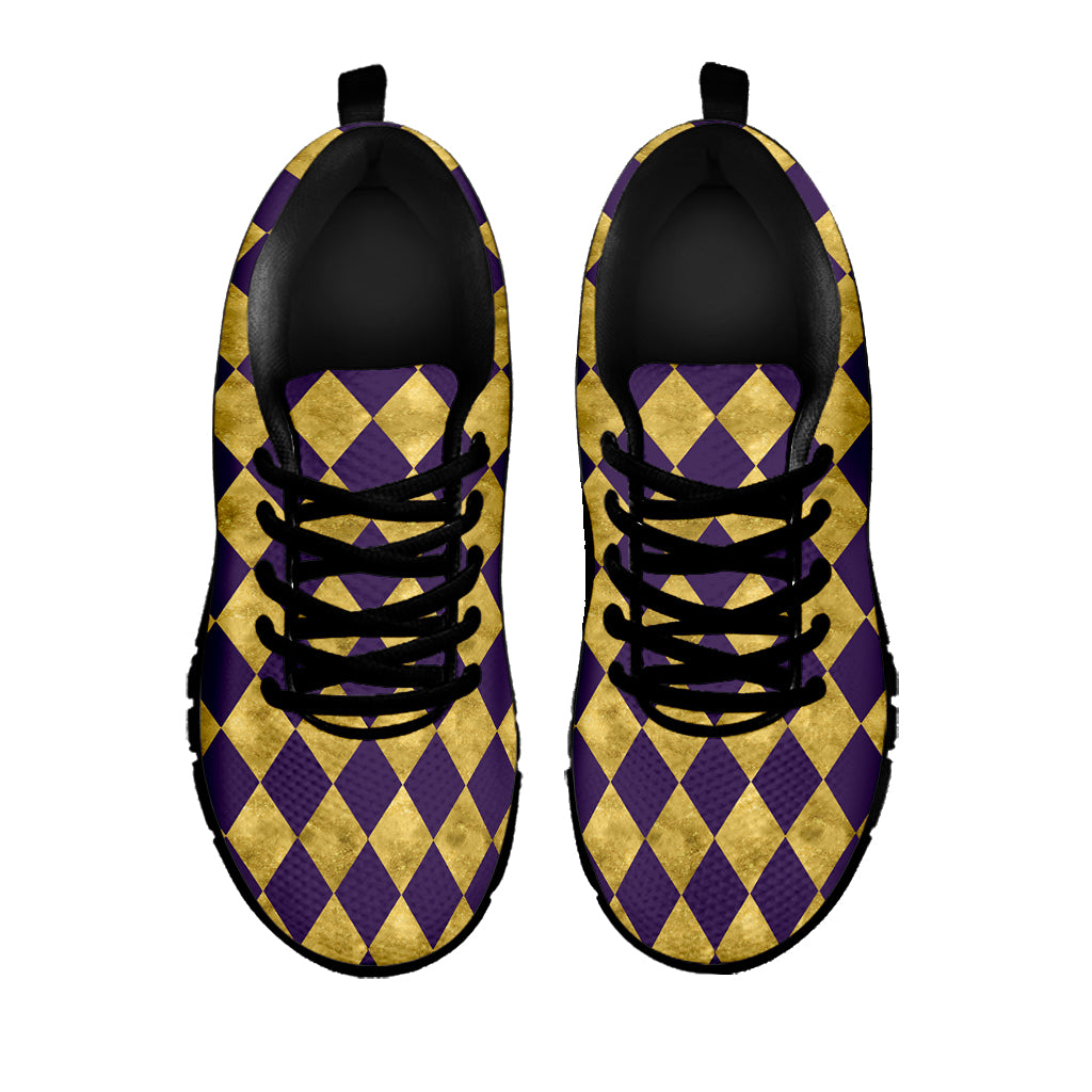 Purple And Gold Harlequin Pattern Print Black Sneakers