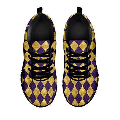 Purple And Gold Harlequin Pattern Print Black Sneakers