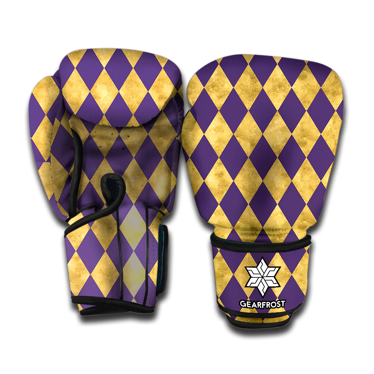 Purple And Gold Harlequin Pattern Print Boxing Gloves