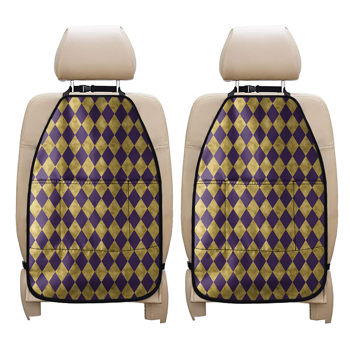 Purple And Gold Harlequin Pattern Print Car Seat Organizers