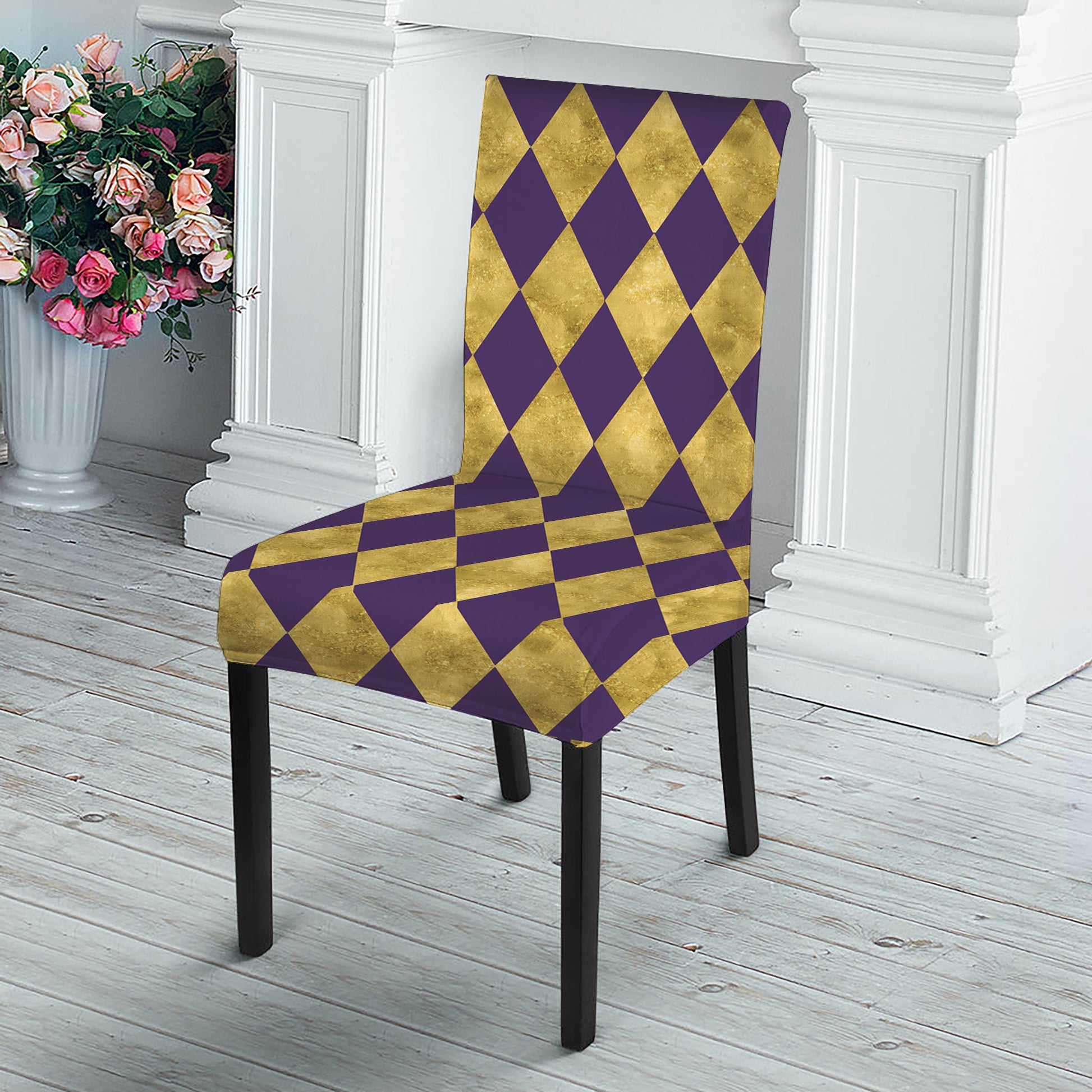 Purple And Gold Harlequin Pattern Print Dining Chair Slipcover