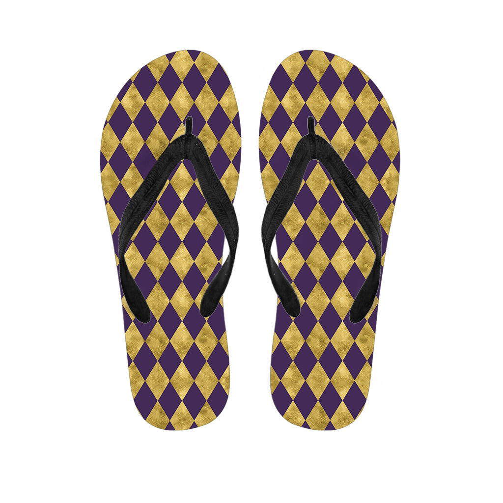 Purple And Gold Harlequin Pattern Print Flip Flops