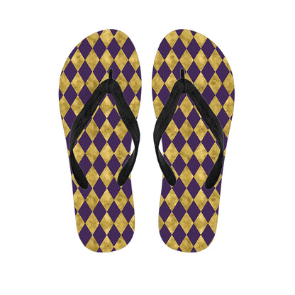Purple And Gold Harlequin Pattern Print Flip Flops