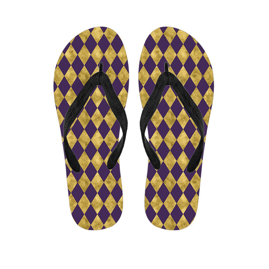 Purple And Gold Harlequin Pattern Print Flip Flops