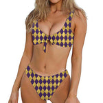 Purple And Gold Harlequin Pattern Print Front Bow Tie Bikini