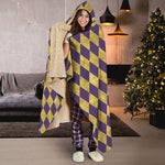 Purple And Gold Harlequin Pattern Print Hooded Blanket