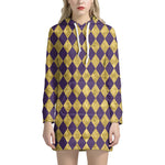 Purple And Gold Harlequin Pattern Print Hoodie Dress