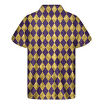Purple And Gold Harlequin Pattern Print Men's Short Sleeve Shirt