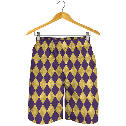 Purple And Gold Harlequin Pattern Print Men's Shorts