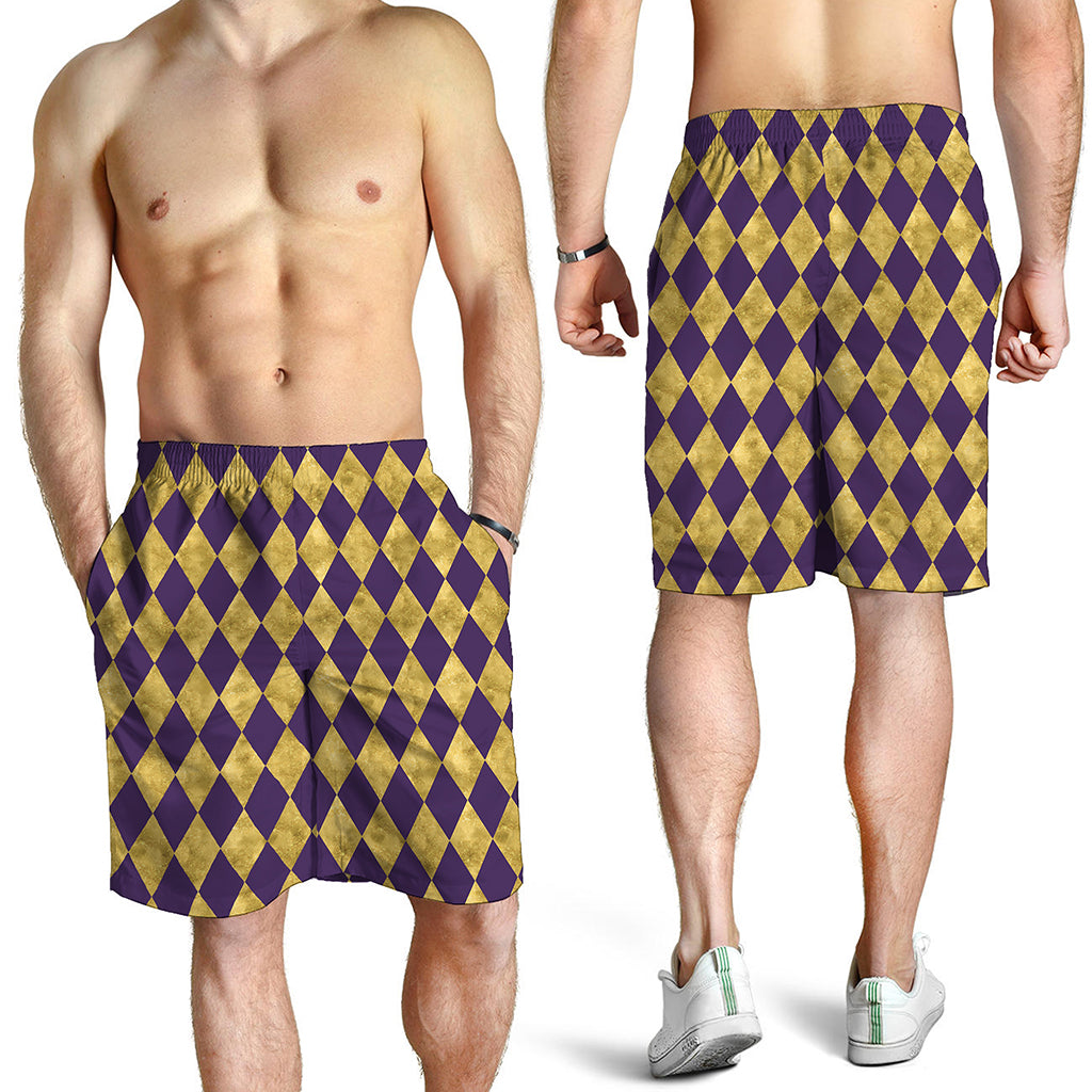 Purple And Gold Harlequin Pattern Print Men's Shorts