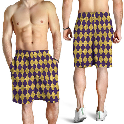 Purple And Gold Harlequin Pattern Print Men's Shorts