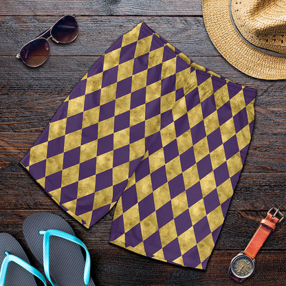 Purple And Gold Harlequin Pattern Print Men's Shorts