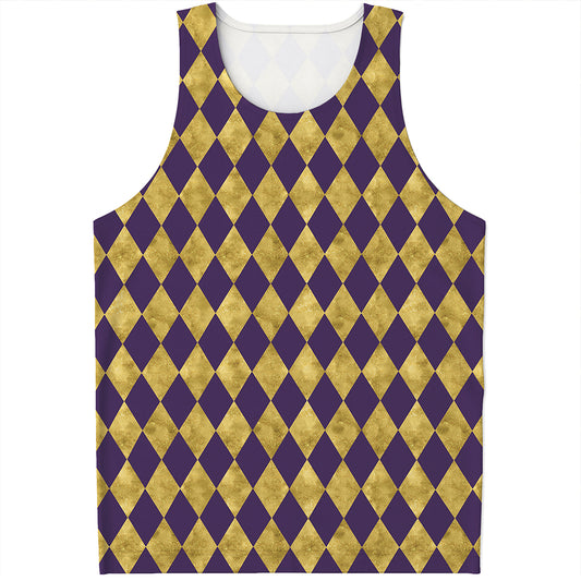 Purple And Gold Harlequin Pattern Print Men's Tank Top