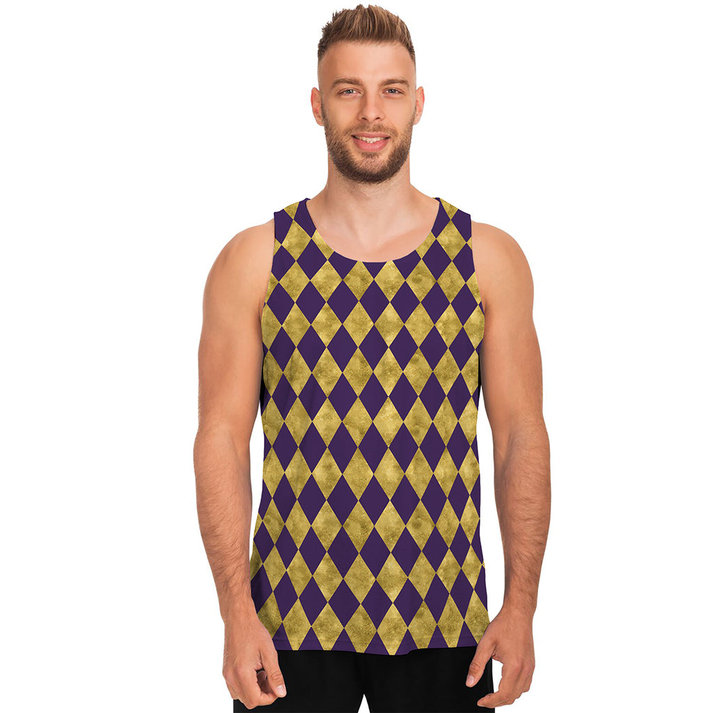 Purple And Gold Harlequin Pattern Print Men's Tank Top