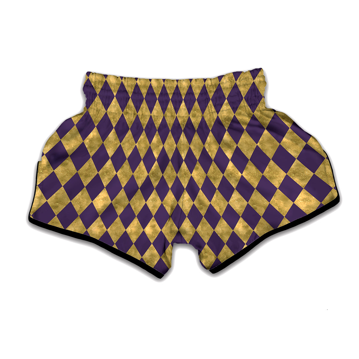 Purple And Gold Harlequin Pattern Print Muay Thai Boxing Shorts