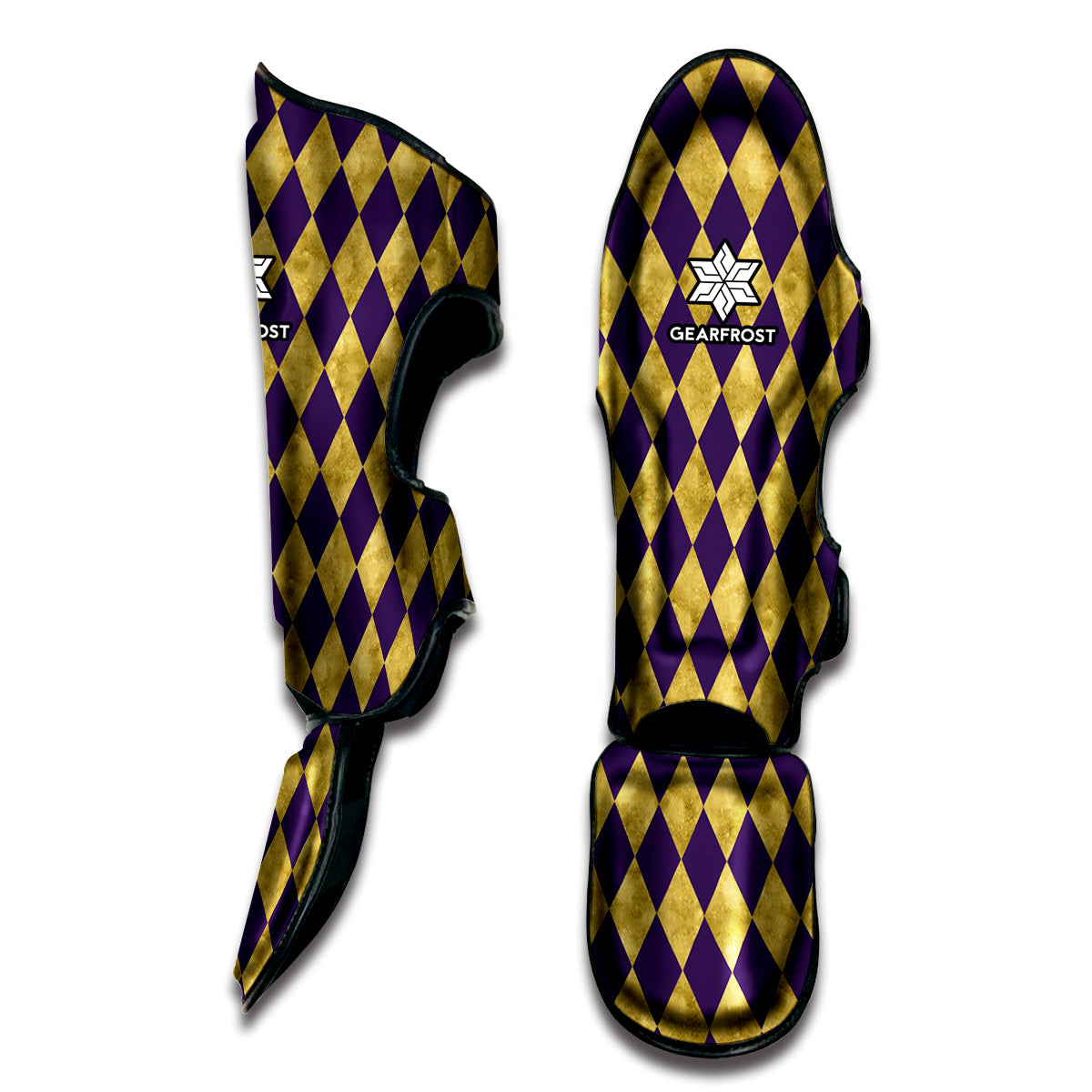 Purple And Gold Harlequin Pattern Print Muay Thai Shin Guard