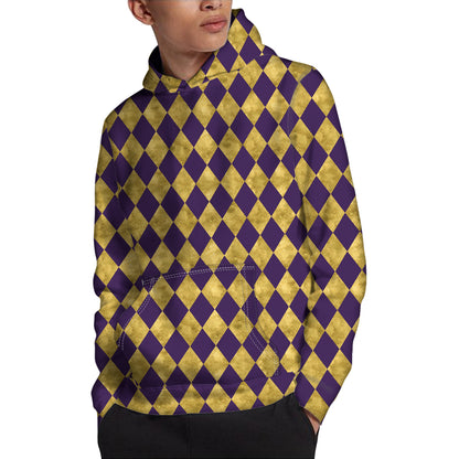 Purple And Gold Harlequin Pattern Print Pullover Hoodie