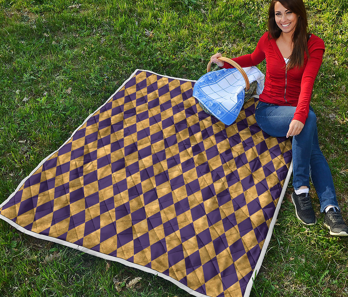 Purple And Gold Harlequin Pattern Print Quilt