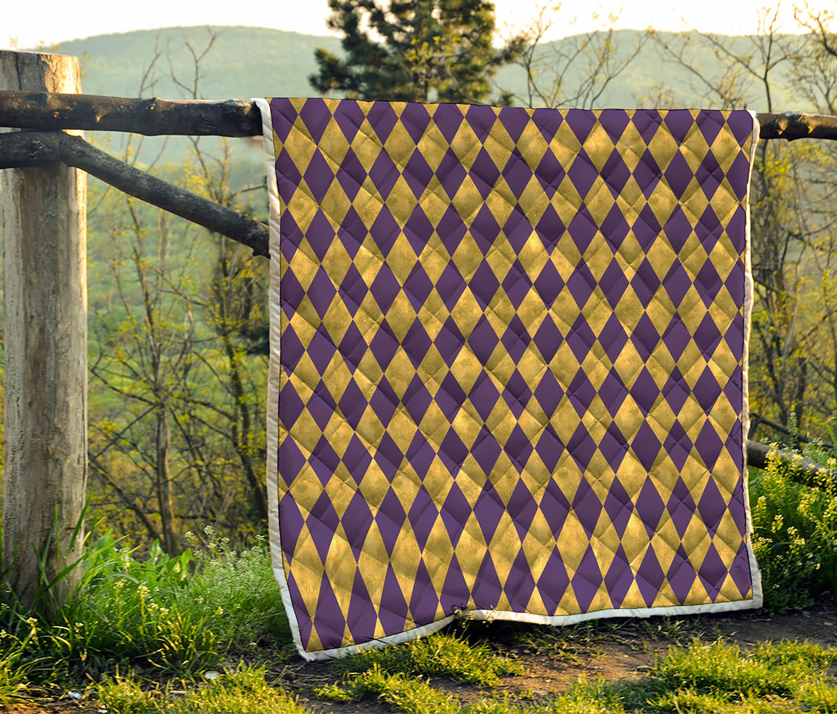 Purple And Gold Harlequin Pattern Print Quilt