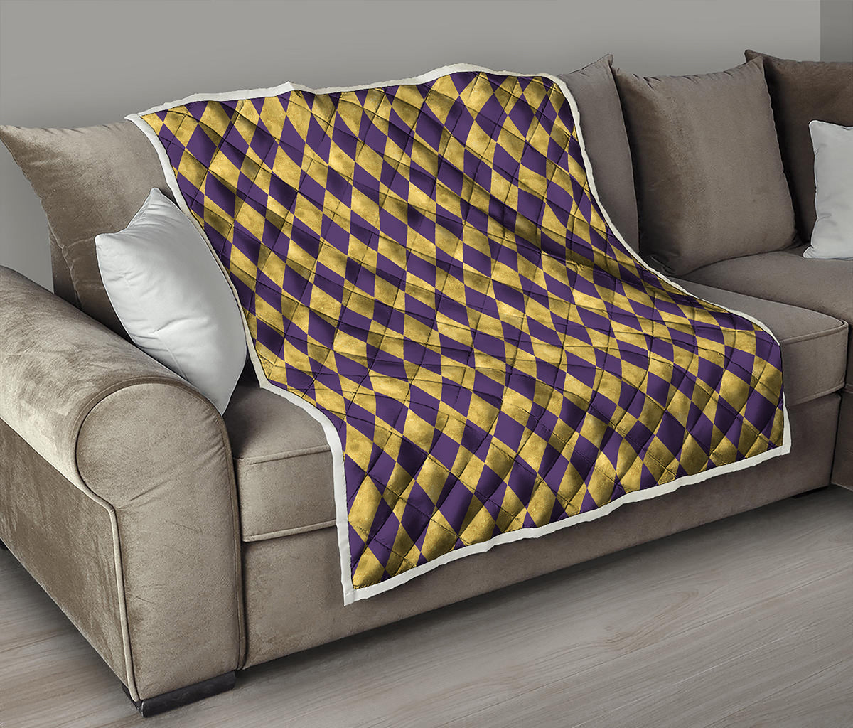 Purple And Gold Harlequin Pattern Print Quilt
