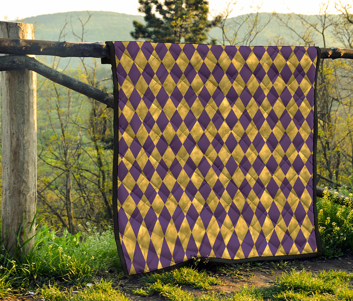 Purple And Gold Harlequin Pattern Print Quilt