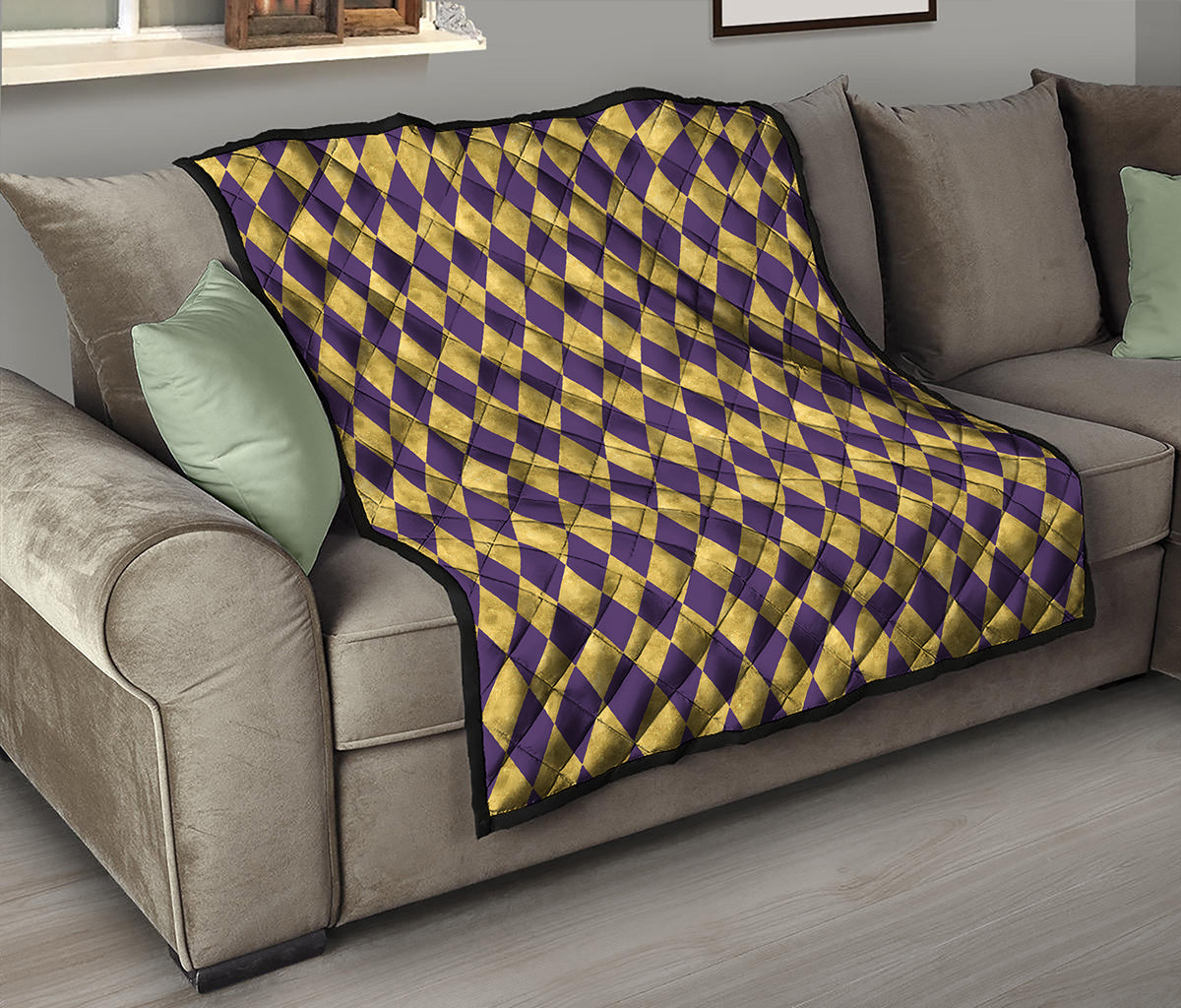 Purple And Gold Harlequin Pattern Print Quilt