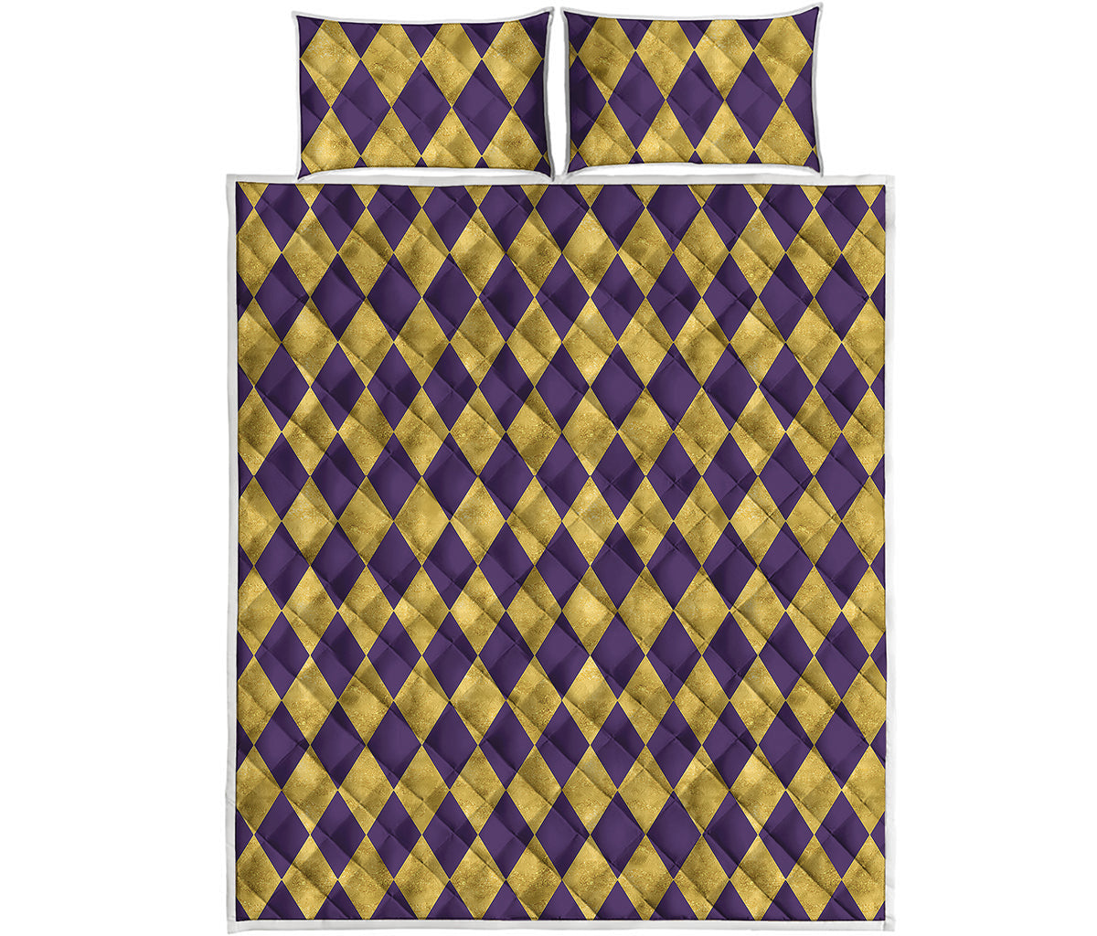 Purple And Gold Harlequin Pattern Print Quilt Bed Set
