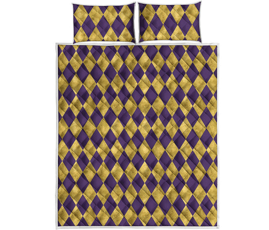 Purple And Gold Harlequin Pattern Print Quilt Bed Set
