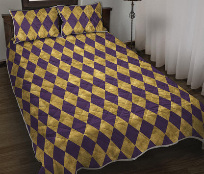 Purple And Gold Harlequin Pattern Print Quilt Bed Set