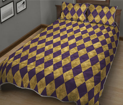 Purple And Gold Harlequin Pattern Print Quilt Bed Set