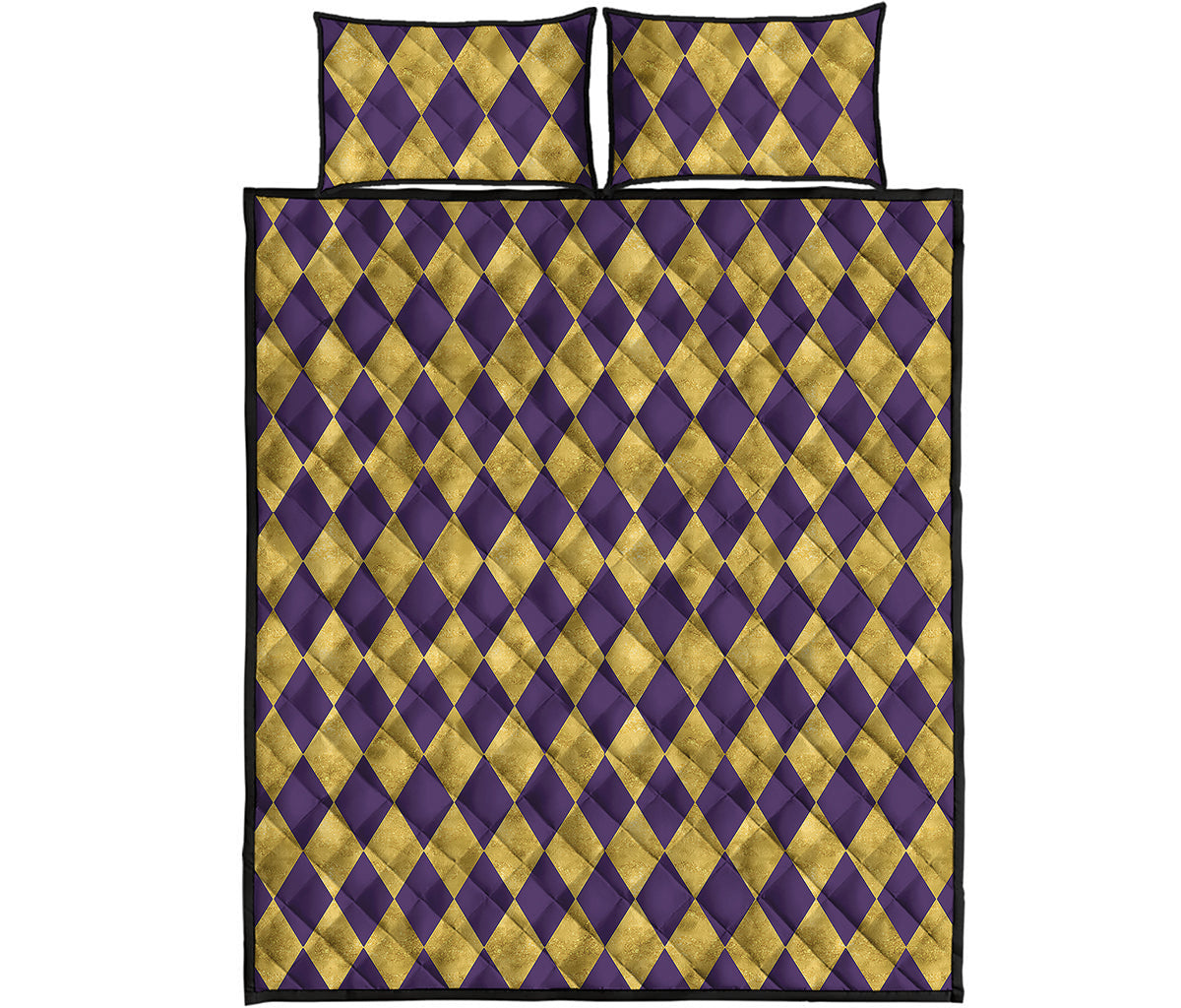 Purple And Gold Harlequin Pattern Print Quilt Bed Set