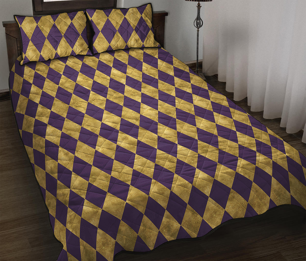 Purple And Gold Harlequin Pattern Print Quilt Bed Set