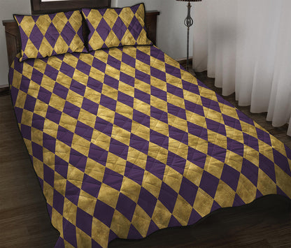 Purple And Gold Harlequin Pattern Print Quilt Bed Set