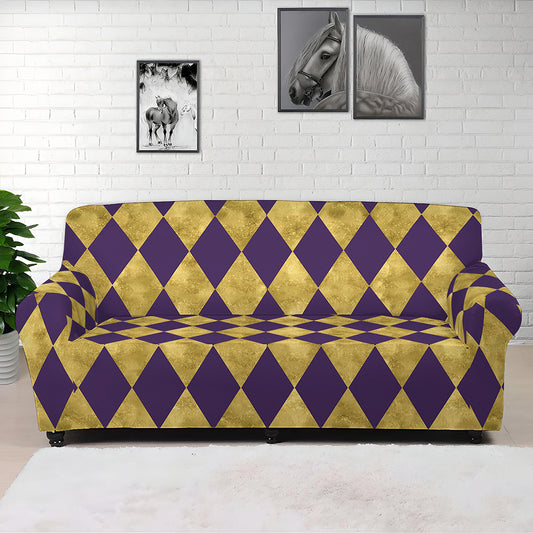 Purple And Gold Harlequin Pattern Print Sofa Cover