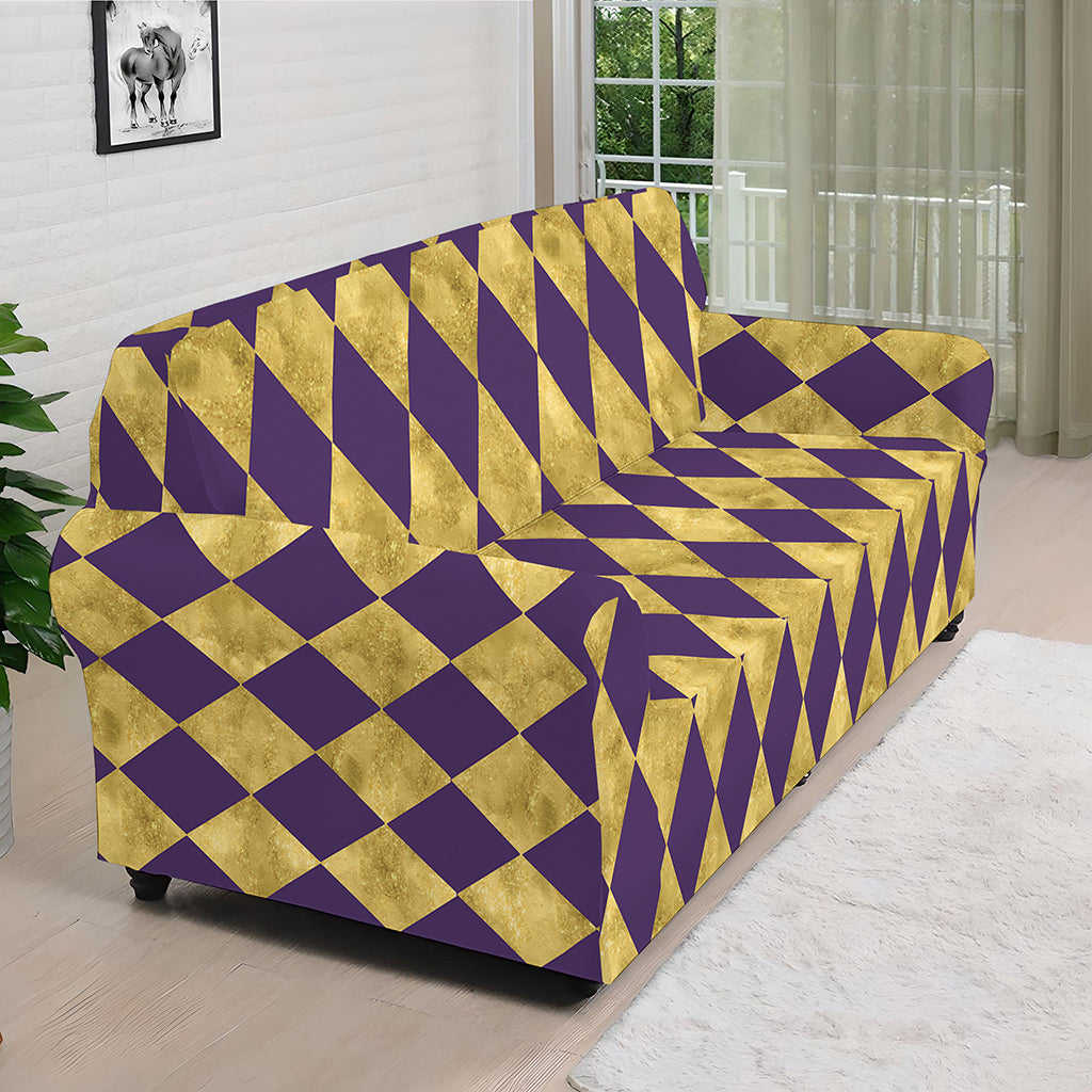 Purple And Gold Harlequin Pattern Print Sofa Cover