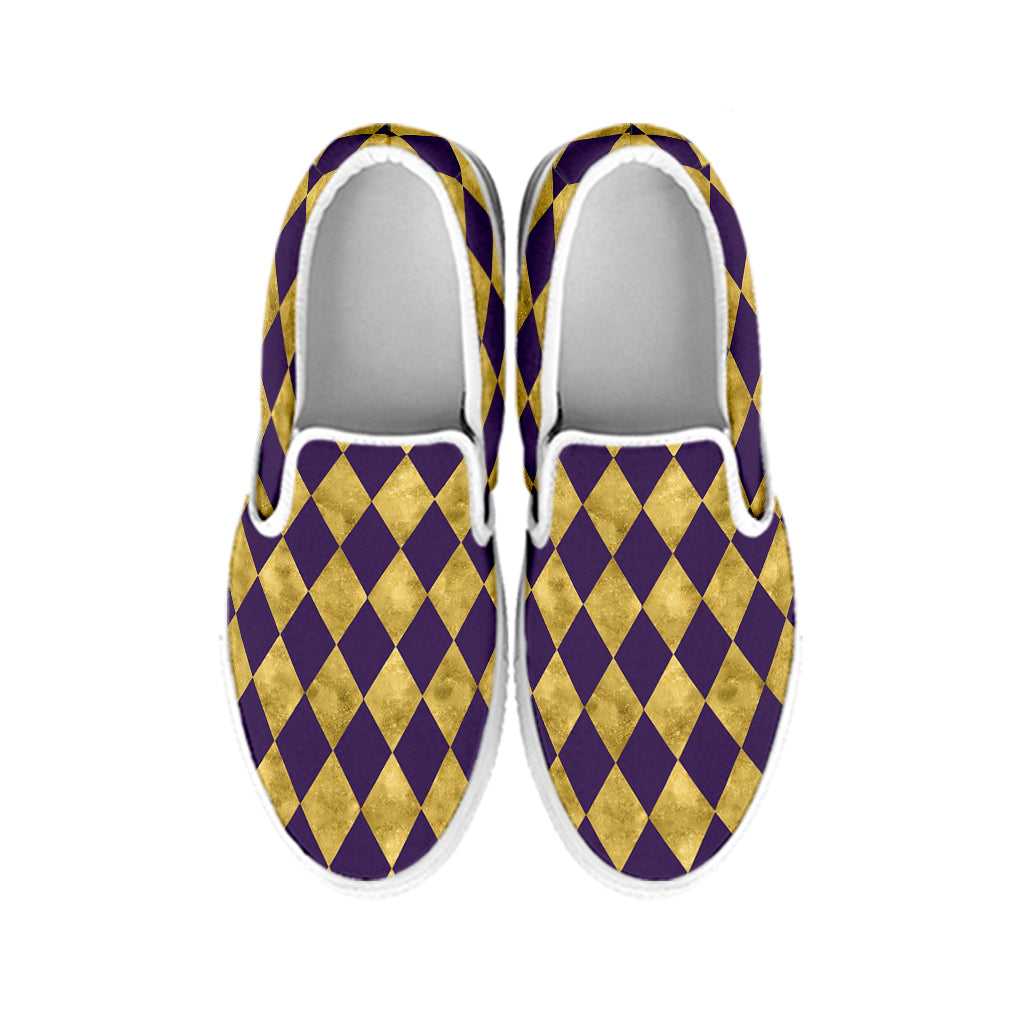 Purple And Gold Harlequin Pattern Print White Slip On Shoes