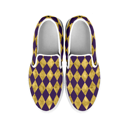Purple And Gold Harlequin Pattern Print White Slip On Shoes