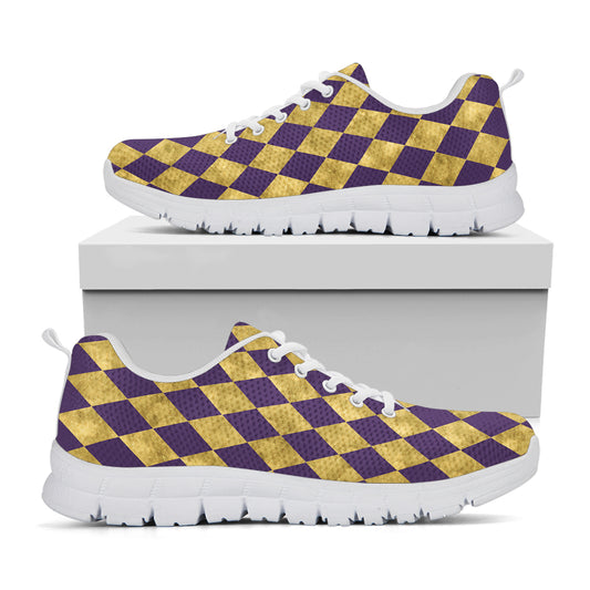 Purple And Gold Harlequin Pattern Print White Sneakers