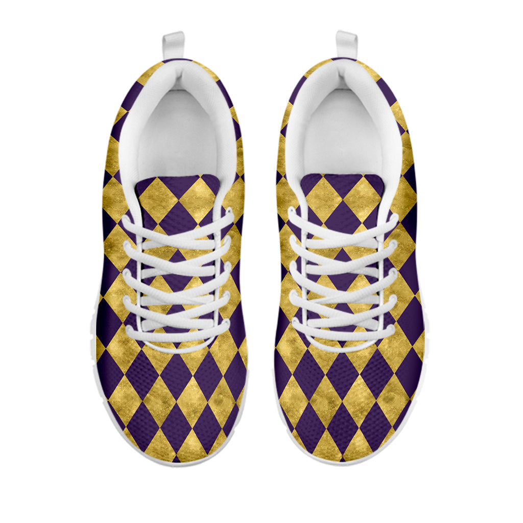Purple And Gold Harlequin Pattern Print White Sneakers