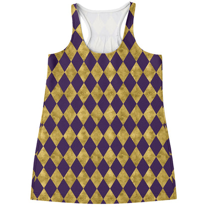 Purple And Gold Harlequin Pattern Print Women's Racerback Tank Top