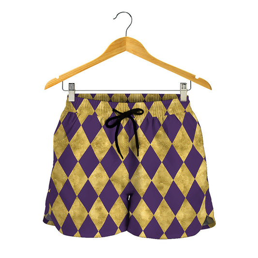 Purple And Gold Harlequin Pattern Print Women's Shorts