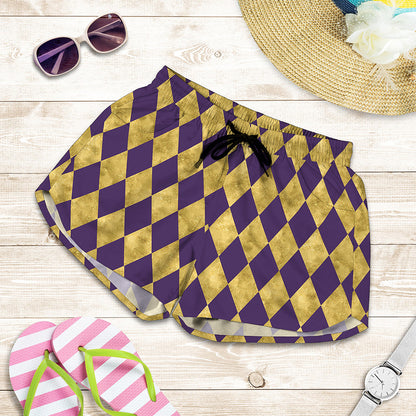 Purple And Gold Harlequin Pattern Print Women's Shorts