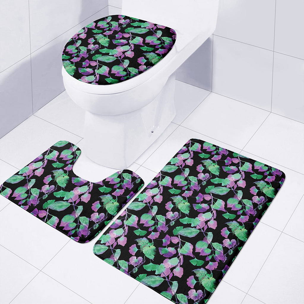 Purple And Green Leaf Pattern Print 3 Piece Bath Mat Set