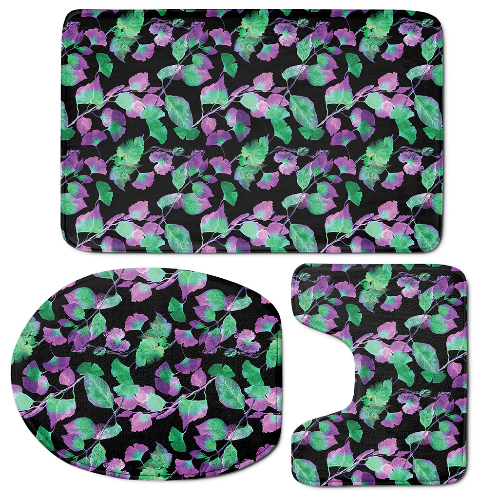 Purple And Green Leaf Pattern Print 3 Piece Bath Mat Set